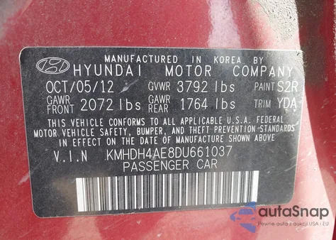 2013 Hyundai Elantra Gls/Limited z USA, uszkodzony, nr VIN KMHDH4AE8DU661037